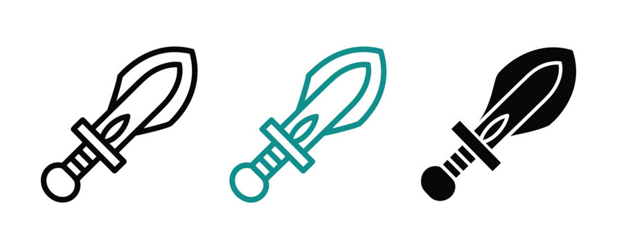 Ancient Sword Icons: A collection of three stylized sword icons, showcasing different design variations in outline, teal, and solid black, representing historical weaponry and combat.