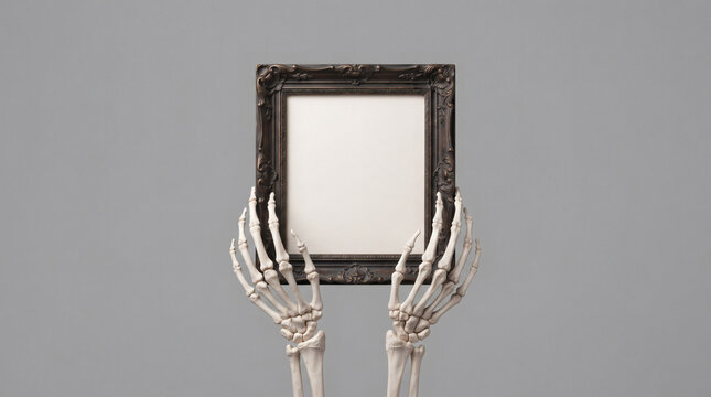 Skeleton hands holding blank vintage picture frame