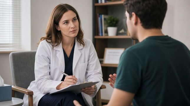 Focused Female Doctor in White Coat Listening to Young Male Patient During Medical Consultation; Professional Healthcare Therapist Taking Notes on Clipboard in a Modern Clinical Office Setting.