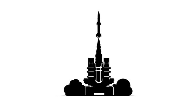 Rocket launching from a launchpad is depicted as a black silhouette