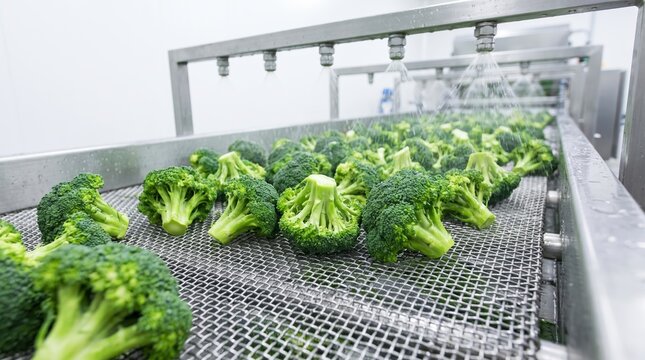 Fresh broccoli florets being washed with water spray on industrial conveyor belt. Food processing factory equipment cleans green vegetables.
