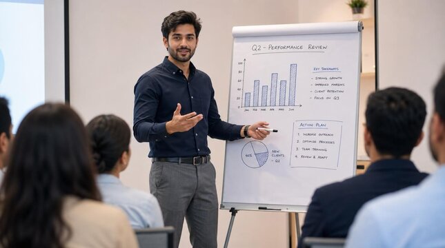 Handsome young male corporate trainer presenting Q2 performance review charts on a flip chart while addressing attentive business seminar audience in modern conference room