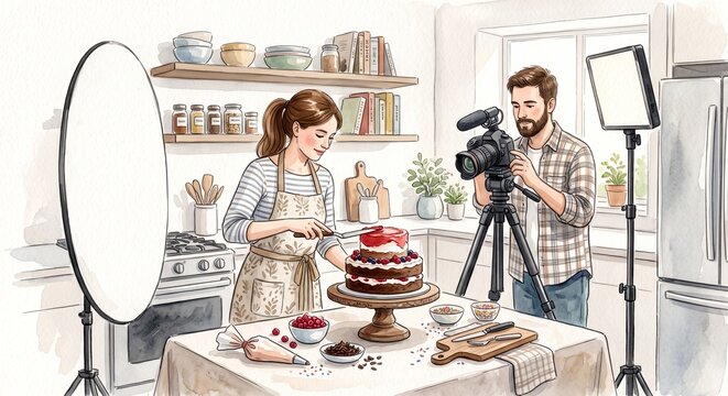 Food blogger couple filming cake decorating video in kitchen