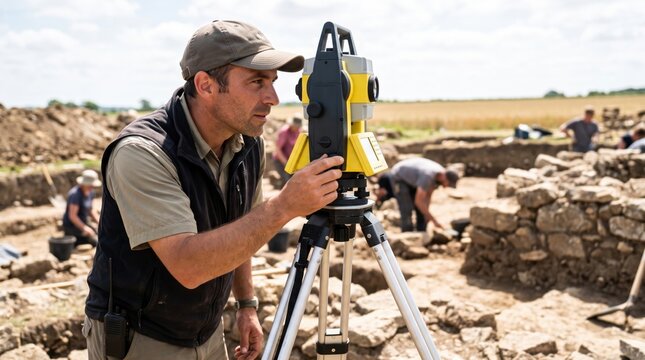 Archaeologist using total station for excavation site surveying. Expert in archaeology operates total station during excavation.