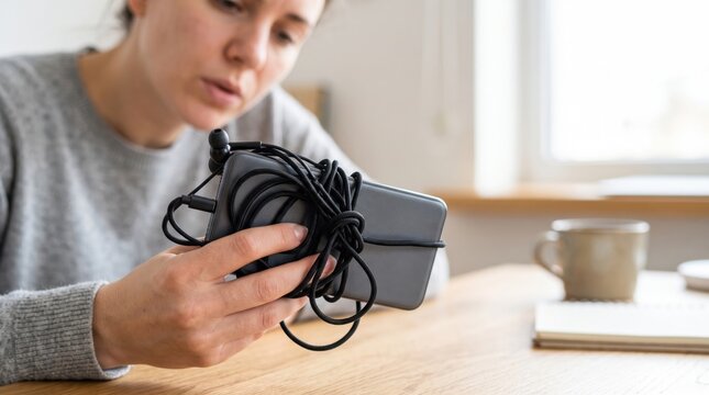 Phone tangled in headphone cord with focused woman examining device. Frustrating moments arise as tangled wires interrupt daily routine with headphones and smartphone.