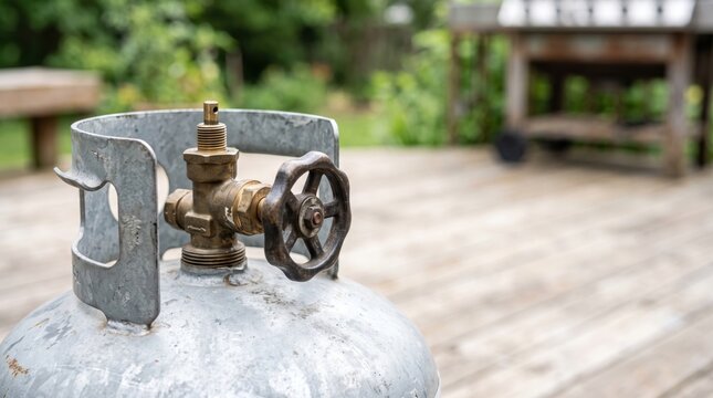 Propane cylinder valve open with greenery in background and wooden deck. Propane cylinder features metal valve and connection points on pressure tank.