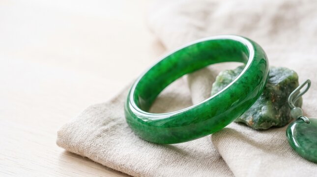 Elegant jadeite jade bracelet with natural green hues and stone on fabric background. Exquisite jadeite jade bracelet showcases glossy finish and unique texture, ideal for jewelry enthusiasts.