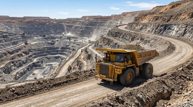 Large yellow dump truck drives along a winding road in a huge open pit mine. Terraced quarry walls, dusty haul roads and machinery stretch into the distance.