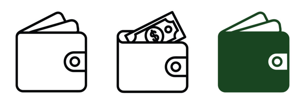 Wallet Icons. Three stylized icons of wallets, one empty, one filled with cash, and one solid green, representing financial management and transactions.