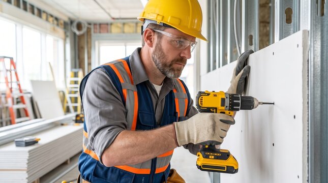 Man in hard hat screwing drywall with cordless drill at construction site. Worker installs gypsum board on metal stud frame. Building and renovation concept.