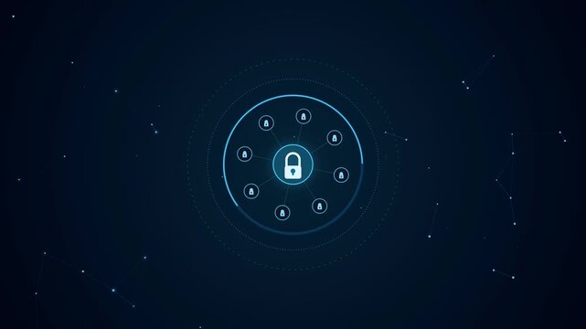 Digital data security padlock icon connected to abstract network motion Graphics