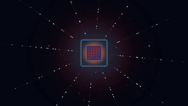 Central processing unit chip with radiating light data connection lines motion Graphics