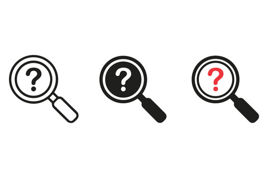 Magnifying Glass with Question Mark Icon: A set of three magnifying glass icons, each featuring a question mark, representing the concept of searching for answers, solutions, or information.