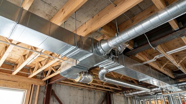 Metal ventilation ductwork installed under wooden ceiling beams at construction site. Modern HVAC air duct system with pipes and wiring in unfinished building interior.