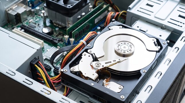 Open hard disk drive inside computer case with visible platter and read arm. Motherboard, ram and cables in background of pc tower.