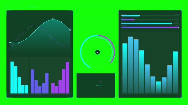 Dynamic digital dashboard with animated financial charts and neon data graphs