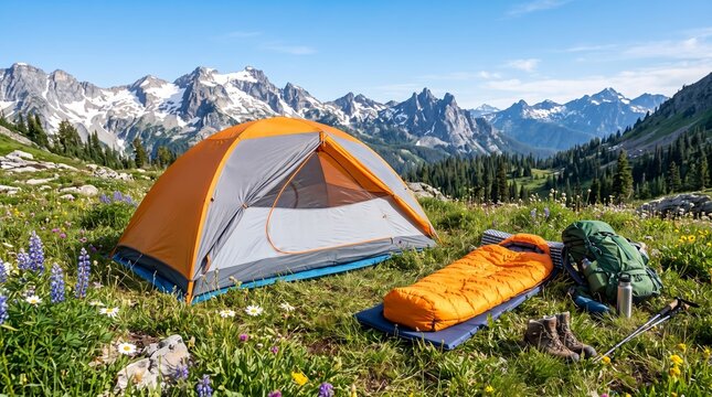 Orange camping tent with sleeping bag and backpack in mountain meadow with wildflowers. Campsite stands against snow-capped peaks and blue sky.