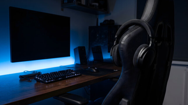 Gaming setup with led lights and ergonomic chair interior view