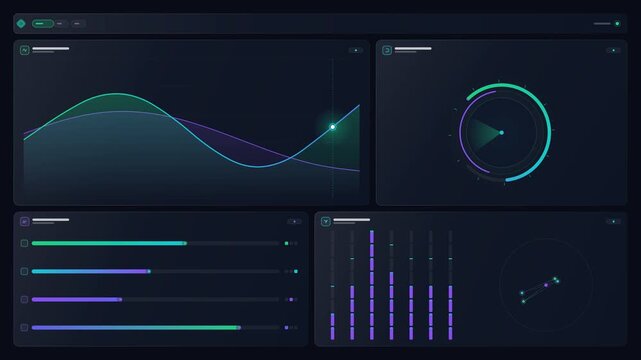 Modern dark interface with glowing neon charts and graphs moving in a digital control panel