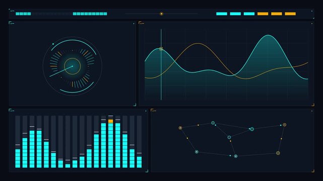 Futuristic HUD interface animation with animated charts and sound equalizer