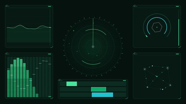 Futuristic cyber hud interface with rotating radar and audio wave charts