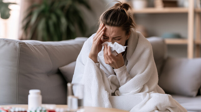 Young woman sitting on a sofa wrapped in a white blanket, blowing her nose with a tissue while pressing one hand against her temple, medicine and water on the table during illness