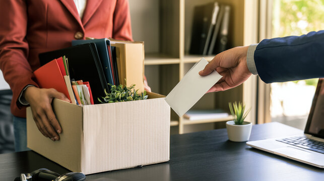 Employee holding a cardboard box filled with personal belongings, folders and a small office plant while receiving a white envelope across a desk, job termination, employee dismiss