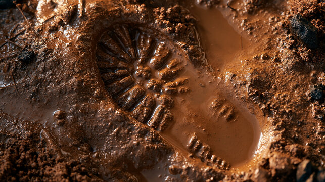 Bright close up of single deep boot print pressed into wet mud slowly filling with water natural lighting clean even lighting human carbon footprint concept environmental