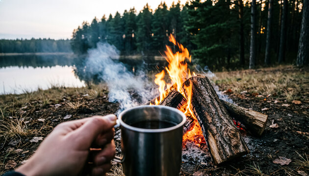 Atmospheric campfire by a forest lake at dusk, person holding metal mug of coffee near burning logs, cozy outdoor camping lifestyle scene
