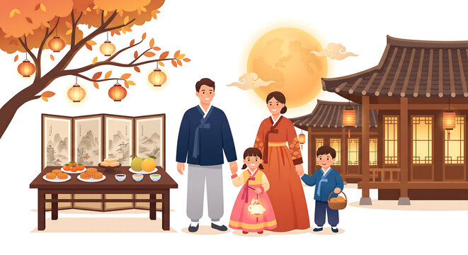 Illustration of happy Korean family in traditional hanbok celebrating Chuseok festival in front of Hanok house under glowing full moon