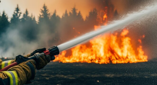 Professional firefighting gear at a forest edge, spraying a dynamic water stream into intense orange glowing flames and smoke in nature, burning, liquid, nature