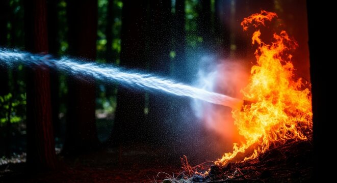 A powerful water jet creates a cooling mist against intense glowing flames in a dense woodland, protecting the natural environment from fire, moisture, hazard, emergency