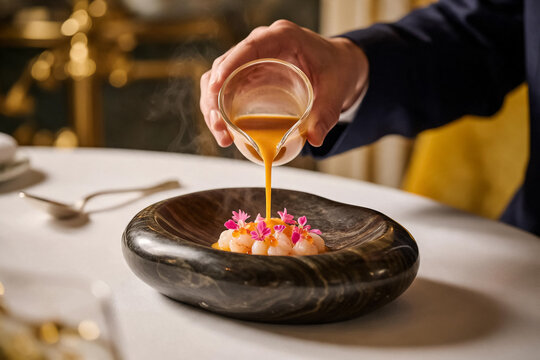 Gourmet seafood appetizer with orange sauce, chef pouring bisque over shrimp in black marble bowl, luxury fine dining culinary experience
