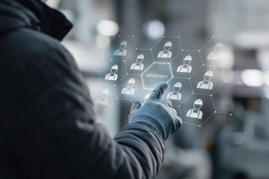 Industrial personnel management interface, worker touching digital advocacy network hologram, smart factory human resources technology