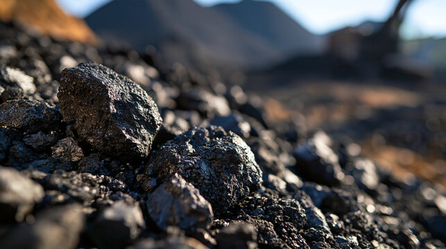 Bright open landscape of coal pile industrial resource natural daylight clean even lighting raw dark carbon fuel material heap mining landscape detail mineral resource
