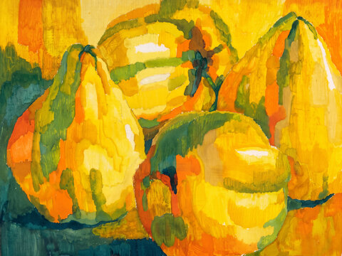 Traditional oil painting on canvas depicting a vibrant still life with fresh quince fruits and expressive brushstrokes