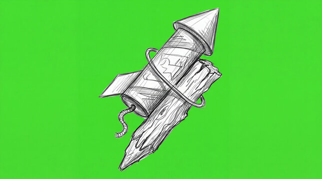 Hand drawn sketch illustration of vintage firework rocket strapped on wooden stick isolated on green screen background