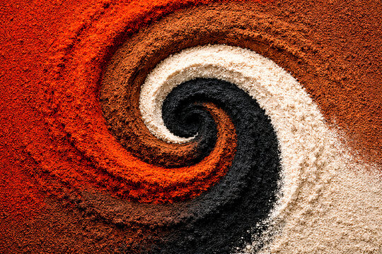 Vibrant spice vortex featuring swirling powders of red orange black and white hues, culinary textures, aromatic ingredients, textured background.
