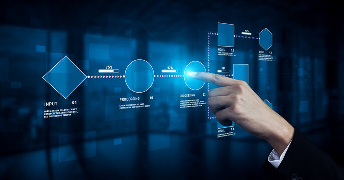 Futuristic Digital Process Flow with Input, Processing, and Output Stages in a High-Tech Environment with a Man Hand Interacting with a Screen Quark.