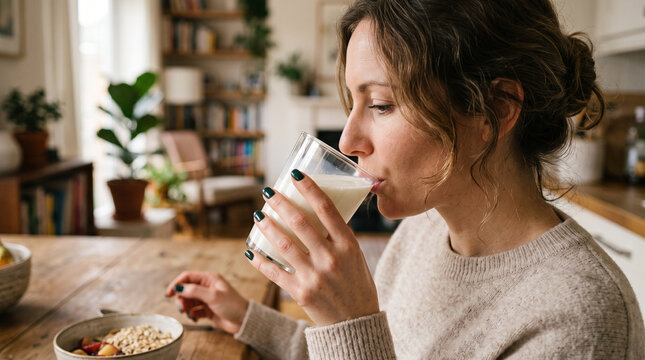 Close-up of woman sipping fresh milk from a transparent glass at home, representing dairy nutrition, healthy eating, protein intake, calcium and bone health.