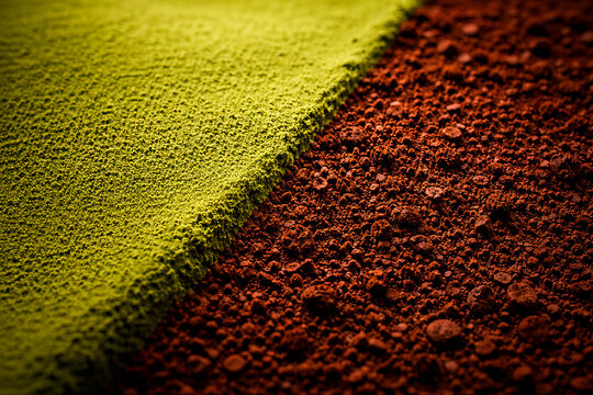 Macro view of vibrant matcha powder meeting dry dark soil, contrasting textures, organic earth elements, split ground surface dirt texture contrast.