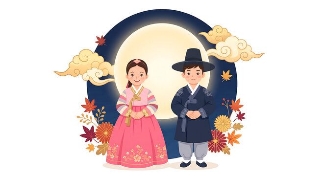 Illustration of cute Korean couple wearing traditional hanbok with glowing full moon and autumn leaves for Chuseok holiday