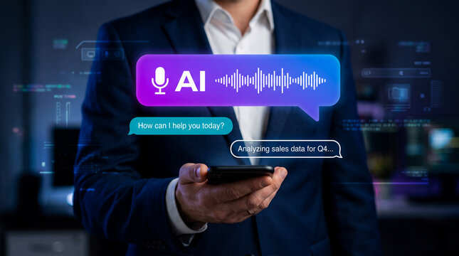 Man using an AI voice assistant on smartphone with speech-to-text conversion and chatbot interface, representing smart technology, digital assistance, virtual communication, and automation.