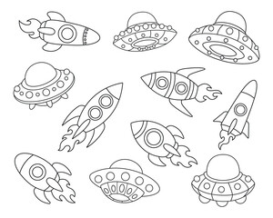 Set of cartoon space rockets and UFO flying saucers coloring page for kids isolated on white background. © Mayartlab