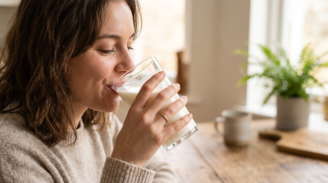Close-up of woman sipping fresh milk from a transparent glass at home, representing dairy nutrition, healthy eating, protein intake, calcium and bone