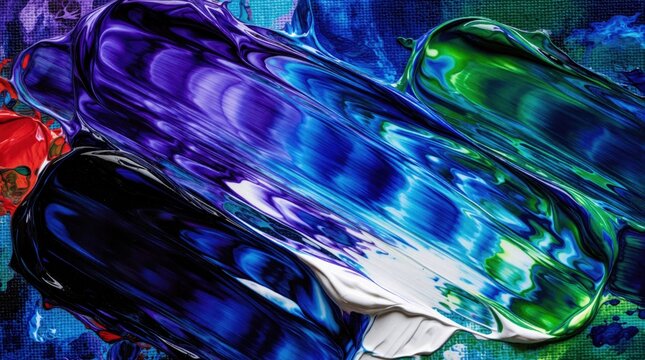 Thick acrylic paint strokes in blue purple green and black create abstract art with fluid movement. The texture appears rich and vibrant on canvas. This dynamic composition.