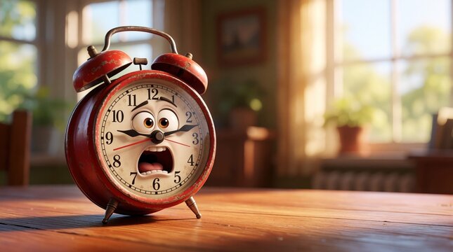 Terrified cartoon alarm clock with wide eyes and open mouth sits on wooden table. Its hands point near 7 oclock. Sunlight streams through window.