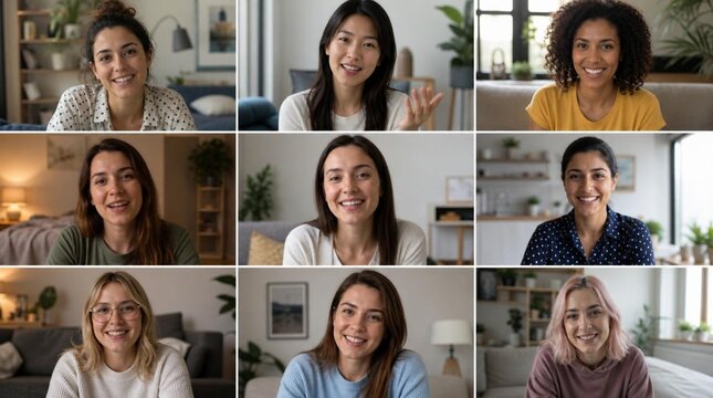Vertical composite grid showing nine diverse young women smiling warmly during an online video conference call from their respective cozy home interiors, captured in webcam-style tiles