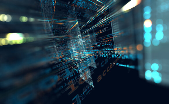 Fondo abstractos de tecnolog&iacute;a y c&oacute;digo digital. Flujo de datos cibern&eacute;ticos futuristas con luces brillantes; transmite tecnolog&iacute;a, programaci&oacute;n y computaci&oacute;n cu&aacute;ntica. Representaci&oacute;n 3D.