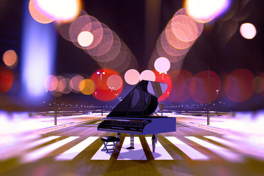  Gran piano bajo las luces nocturnas de la calle bokeh. Instrumento musical en un escenario con un fondo urbano brillante; transmite jazz, vida nocturna y elegancia.